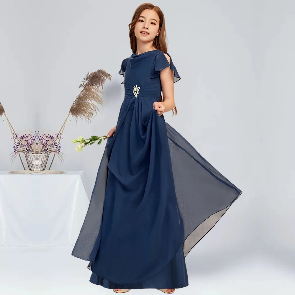 A linha colher até o chão chiffon júnior vestido de dama de honra com strass azul marinho vestido de menina de flor vestido de comunhão para júnior