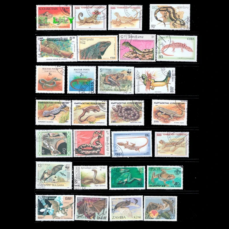 250 PCS Different Crawling Animal from Word,No Repeat,Used with Post Mark,Stamp Collection,Post Stamp