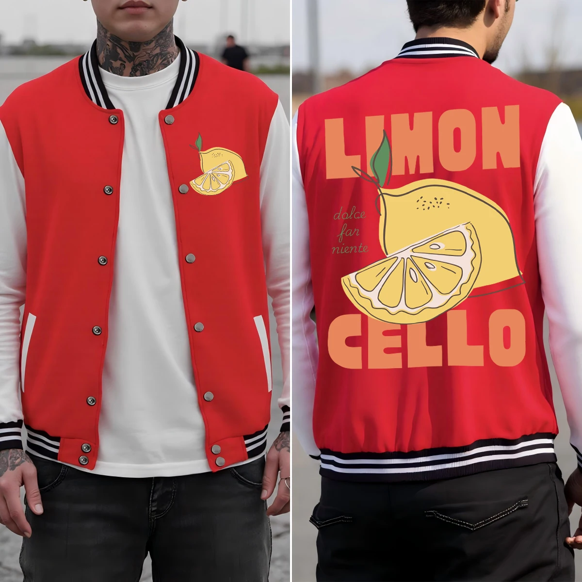 

Lemon Cello Art Fruit Design Men Baseball Uniform Autumn American Streetwear Fashion Comics Jackets All-Match Colorful Clothes