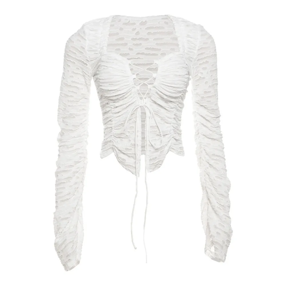 

Low Cut V-neck White Shirt Women Hollow Out Loose Ripped Blouse Ruffle Drawstrings Long Sleeve Shirt Women