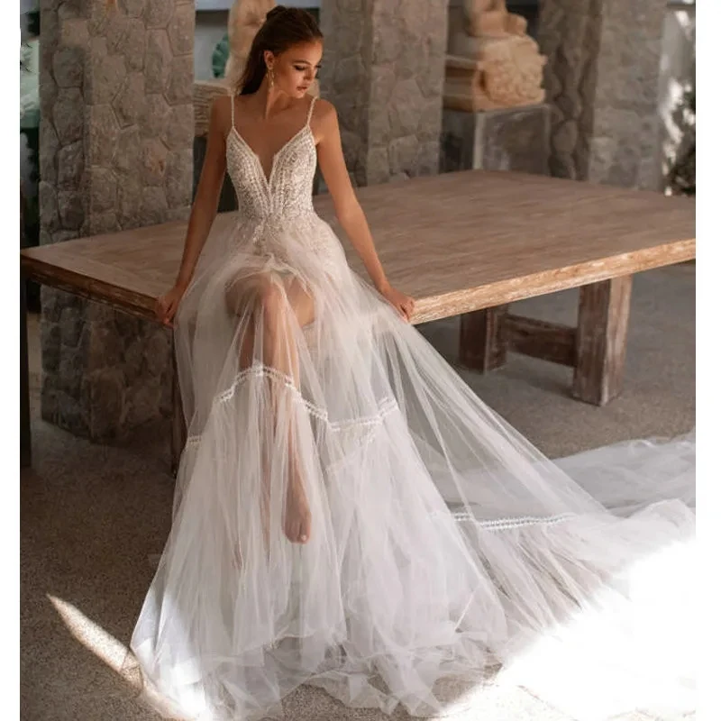 Vestidos De Novia De ilusión con cuello en V, ropa De Novia con tirantes finos, tul, Formal, elegante, 2024