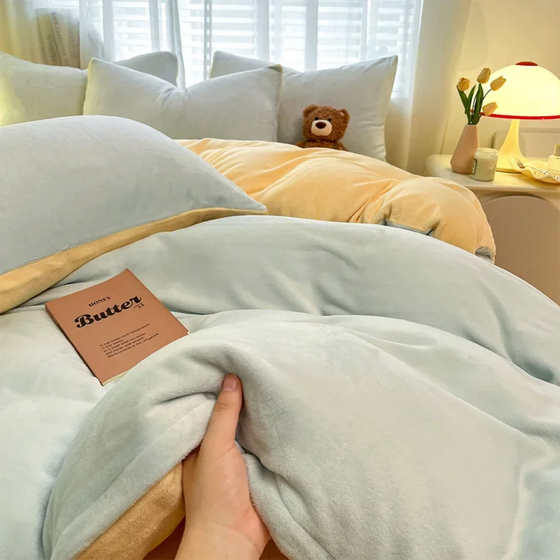 Skin-Friendly Flannel Solid Color Bed Sets Simple Soft Cozy Thick Winter Bedding Set French Velvet Home Textile for Adults