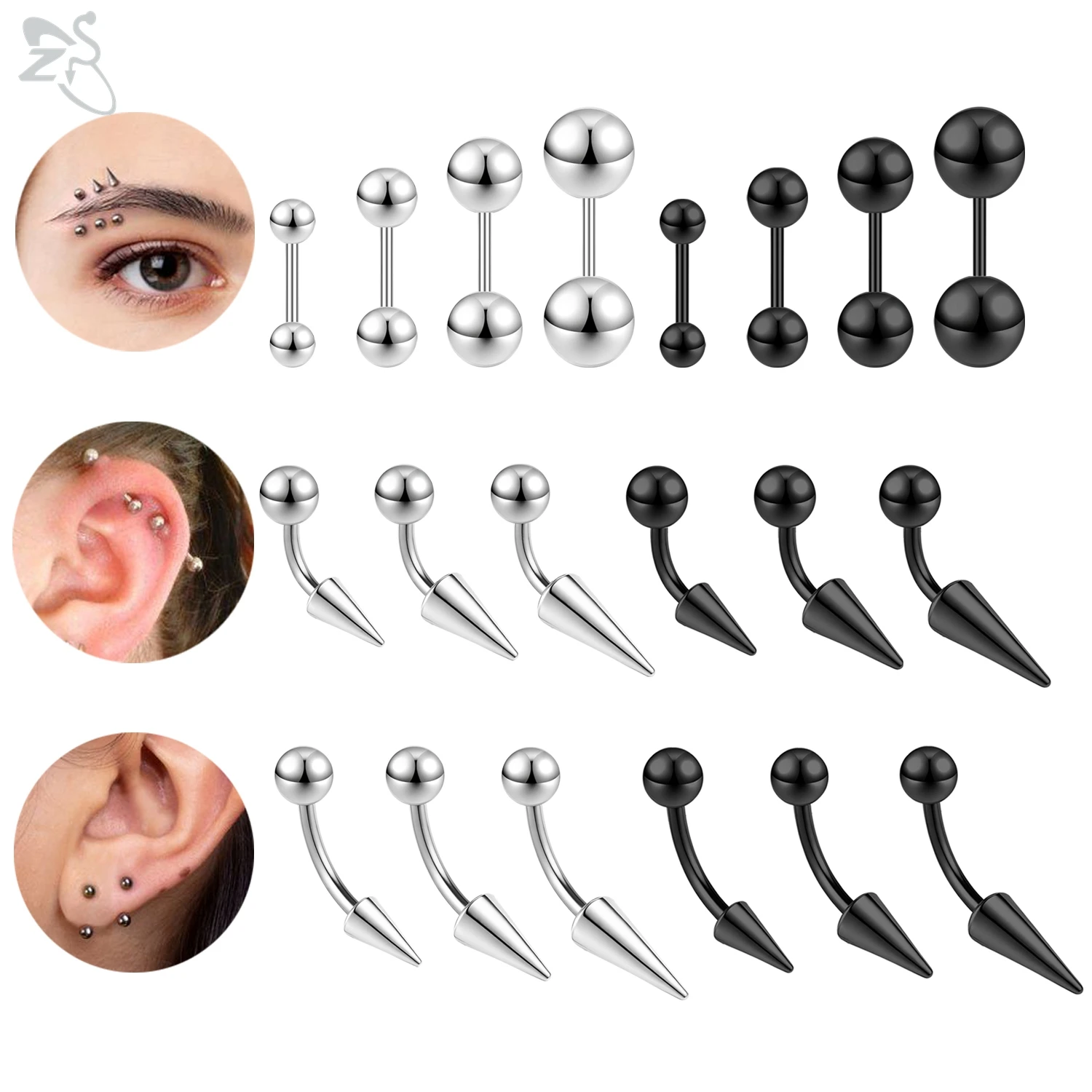 ZS 1 PC Black Spike Stainless Steel Eyebrow Ring Unisex Punk Helix Cartilage Earrings Barbell Eyebrow Piercing Jewelry 6/8/10MM