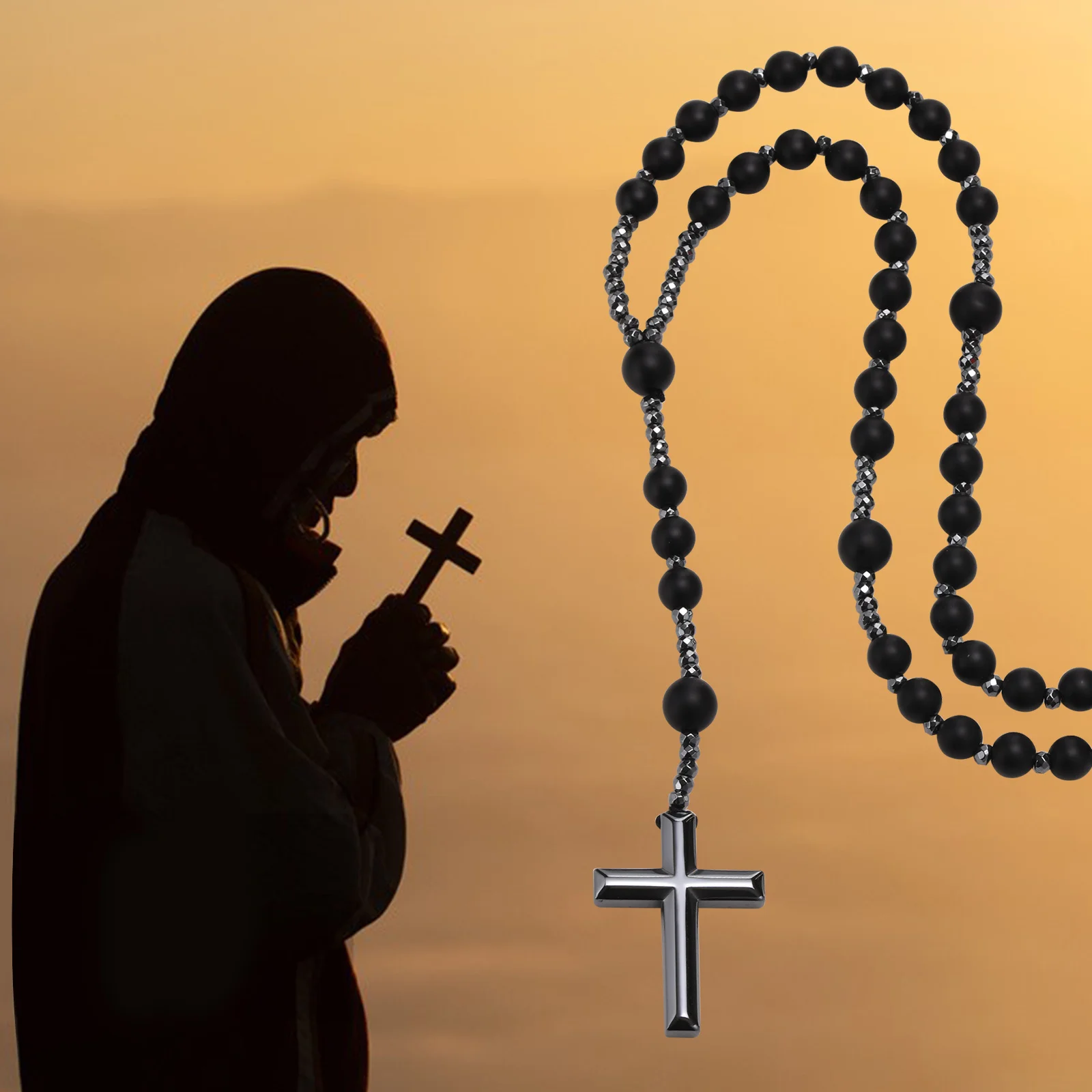Schwarze Perlen Kreuz Rosenkranz Halsketten für Männer, männliche Power Balance Hämatit Kette Halskette, religiöser Glaube Gebetsschmuck – Detail 3