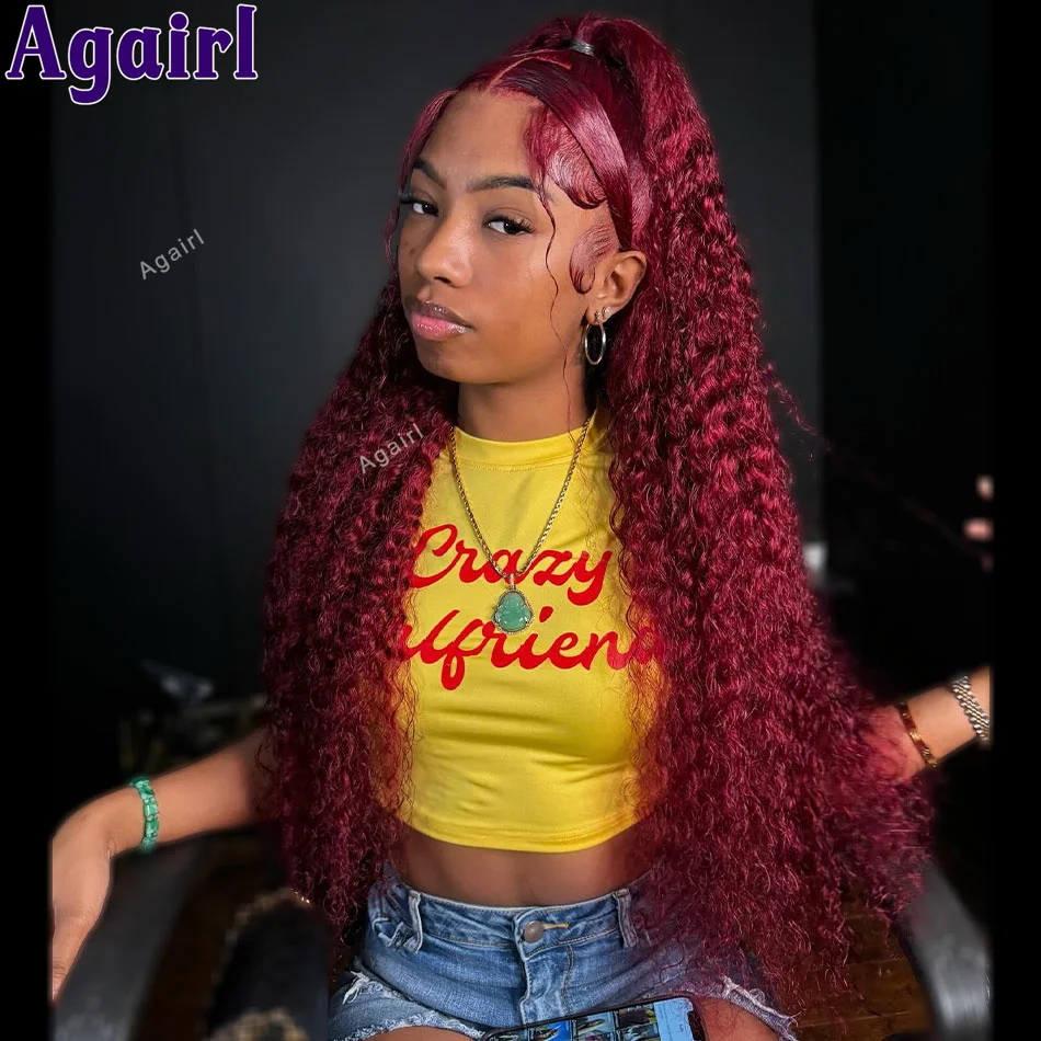 Burgundy 13x4 Lace Frontal Ready Go Wig rambut manusia merah gelap 99J 13x6 renda depan Kinky Curly Wig untuk hitam wanita preplock 200%