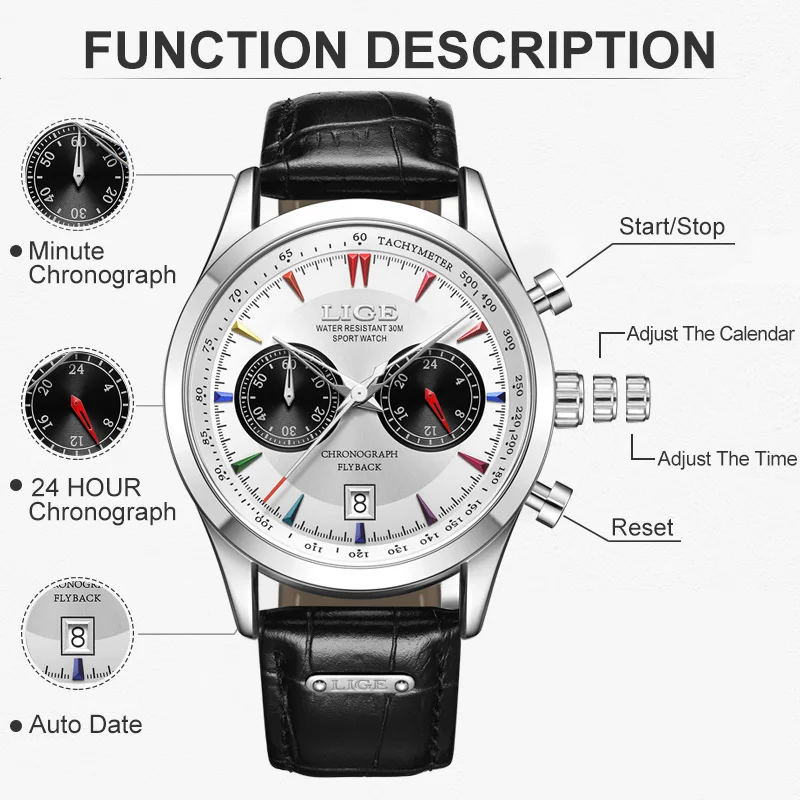 LIGE Brand Men Fashion Quartz Watches Male Leather Strap Sport Waterproof Wrist Watch Man Calendar Date Clock Relogios Masculino