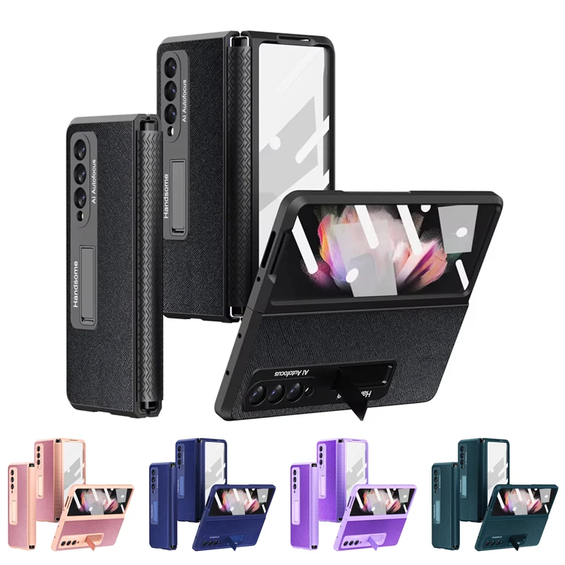 

Retractable TPU Hinge Cover For Samsung Galaxy Z Fold 4 Fold 3 Fold2 High quality PC leather with tempered protective front film