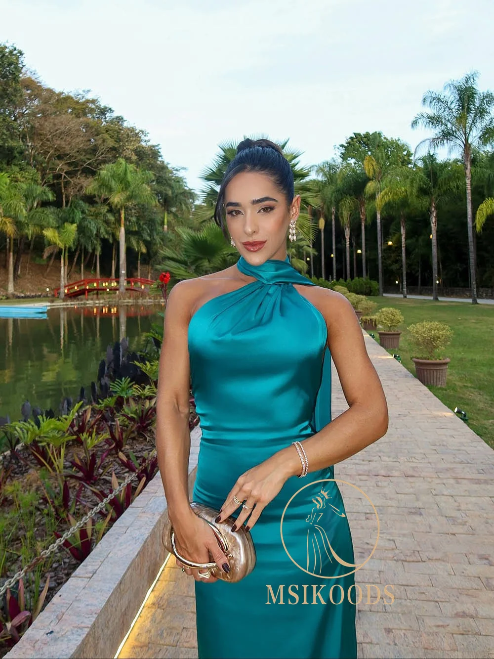 Msikoods cetim halter vestido de noite 2025 elegante sem costas alta fenda longo vestido de baile sem mangas sexy vestido de festa mulher personalizado