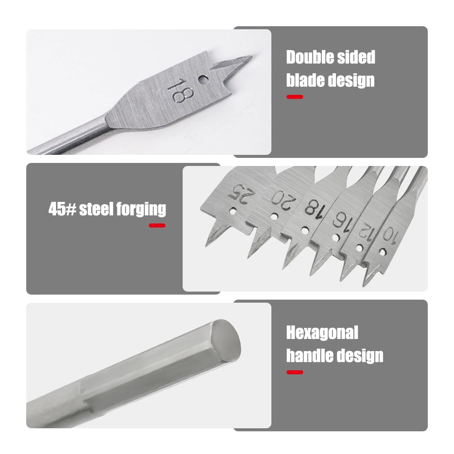 7pcs Three Point Woodworking Flat Drill Set with Pencil, Hex Handle Drill Drill Hole Opener Flat Drill Wood Block Hole Opener