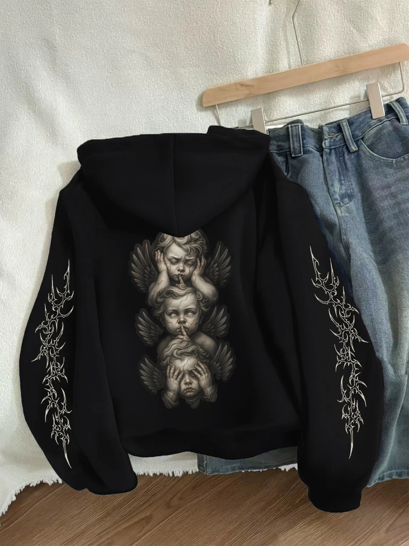 Winter Y2k Gothic print thick heavy velvet black hooded zipper jacket slim temperament women's jacket casual lazy commuter style