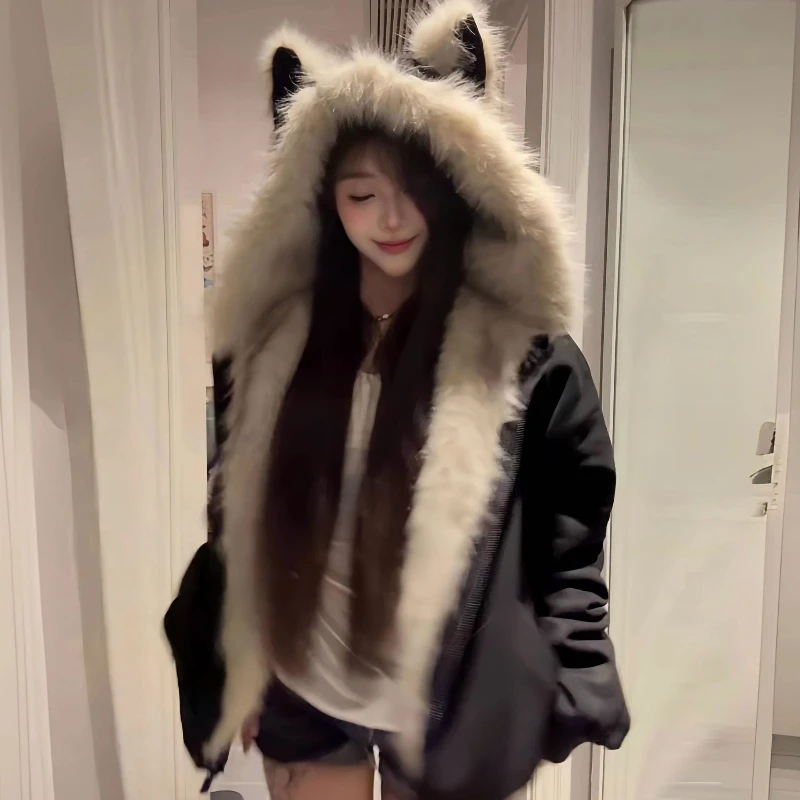

Black Fur Collar Padded Seat Mountain Carving Cat Ear Jacket Men's and Women's Autumn and Winter Clothes Cotton-padded Clothes