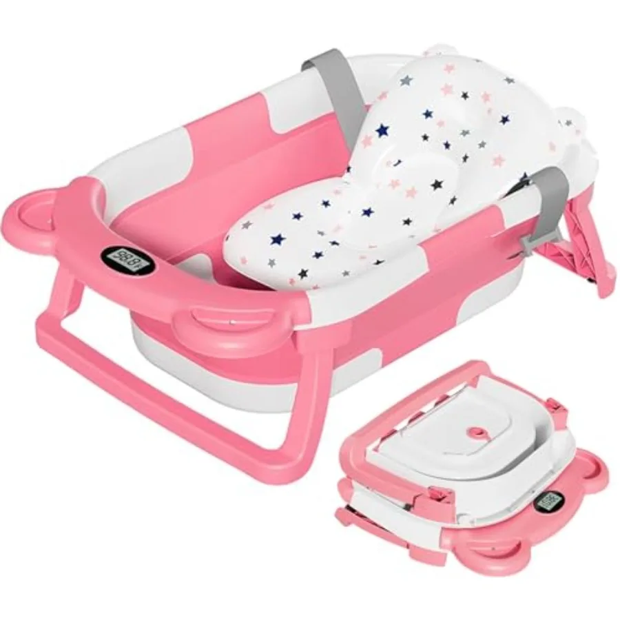 

TPN Collapsible Baby Bathtub with Soft Cushion Real-Time Thermometer for Newborn to Toddler 0-36 Months Portable Travel Bath Tu