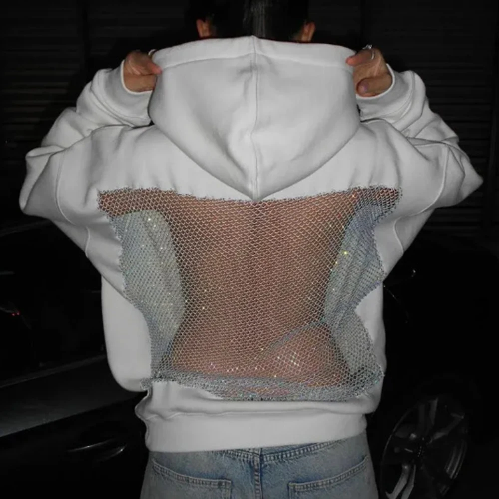 

Женская толстовка с капюшоном, повседневный пуловер с длинными рукавами и карманами, уличная мода 2026, сексуальный сетчатый свитер с открытой спиной и капюшоном