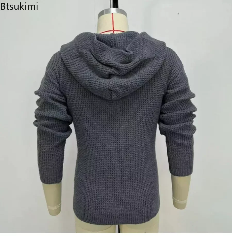 Nieuwe 2024 Heren Double Breasted Cardigan Capuchon Trui Effen Herfst Winter Lange Mouw Gebreide Jas Heren Trui Vest