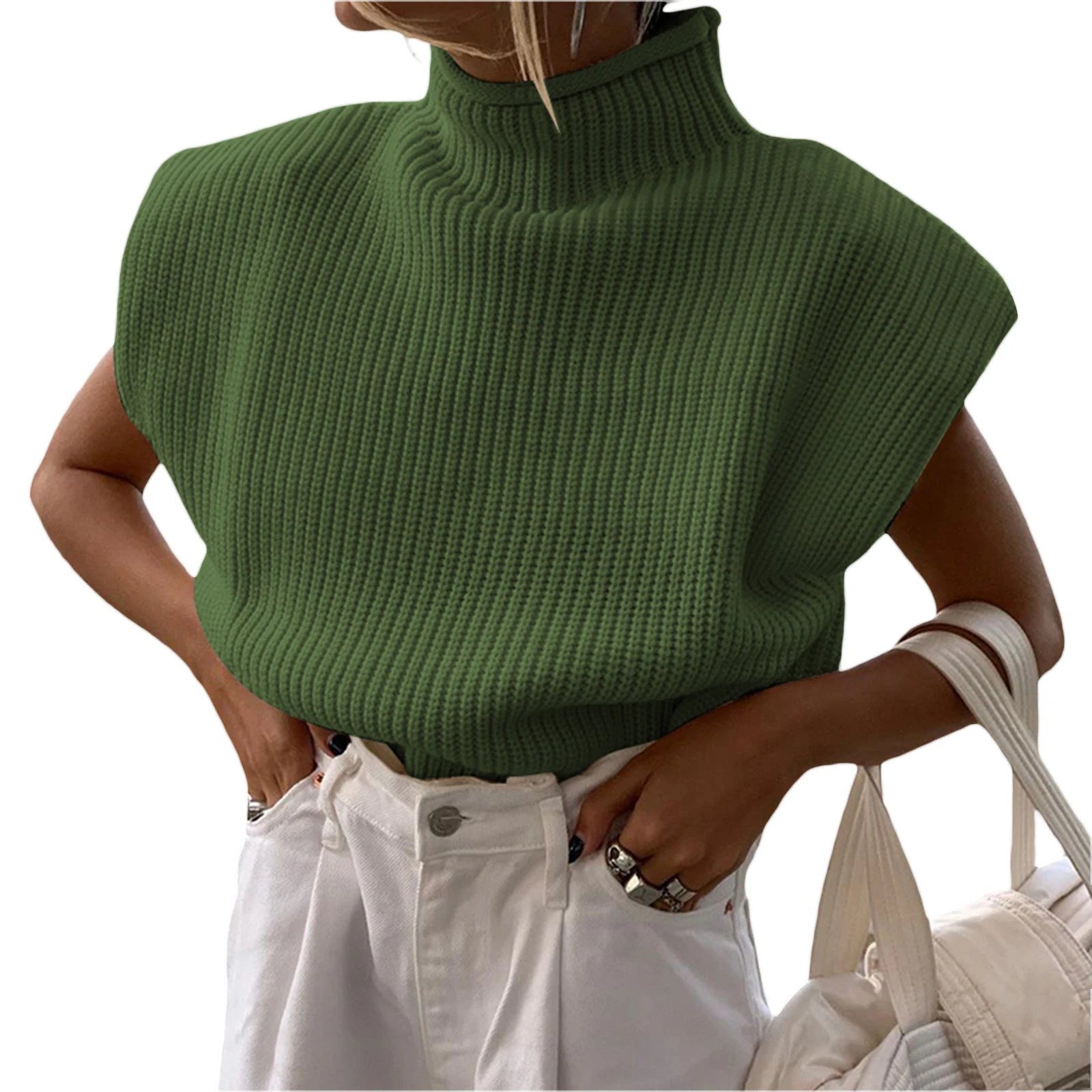 

Thorn Tree Women Autumn Winter Shoulder Pad Sweater Tops Sleeveless Turtleneck Pullover Vest Wide Shoulder Knitted Jumper Tops