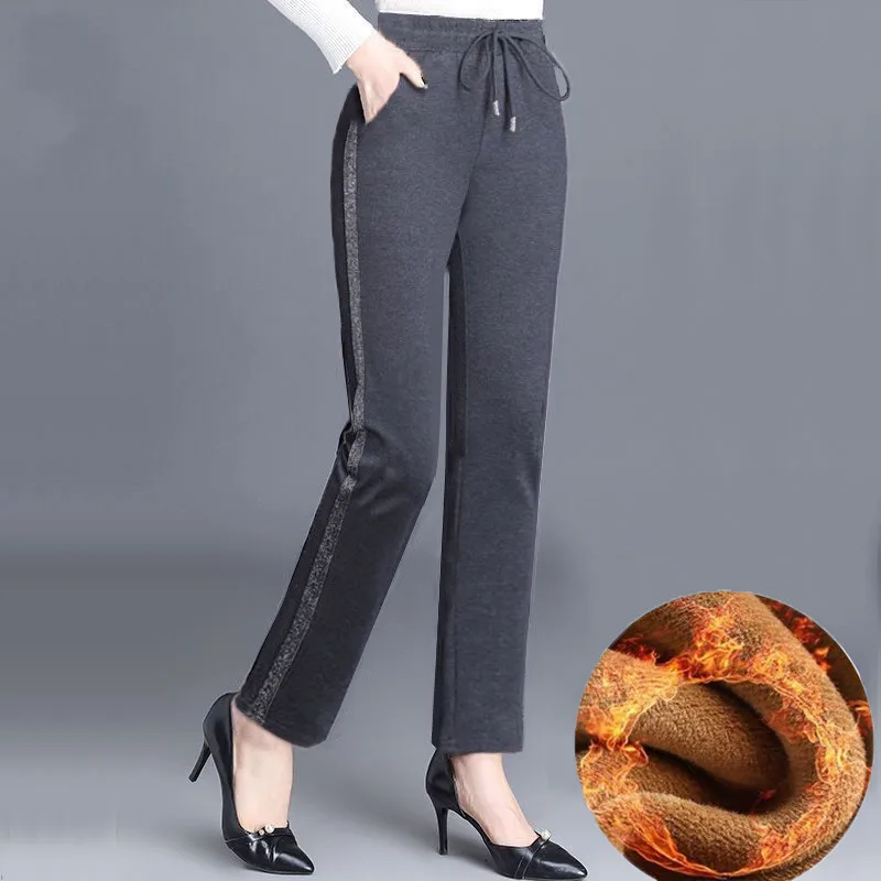Women's Fleece Lined Straight Leg Casual Pants High Waist Nine Length Asymmetric Design Autumn Winter Warm Sporty Trousers