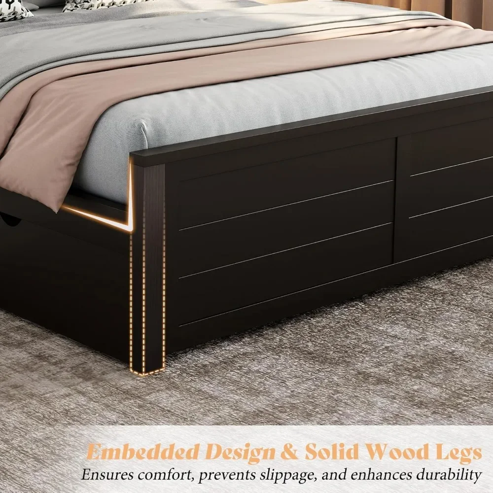 Estructura de cama tamaño queen con cabecera y 4 cajones de almacenamiento, estructura de cama de madera para dormitorio, soporte de listones de madera, estructura de cama