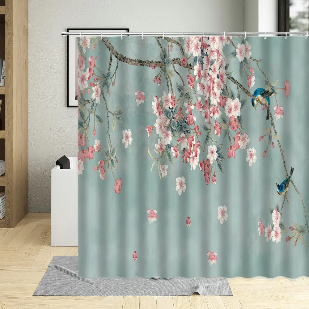 Vintage Shower Curtain for Bathroom, Beautiful Flower, Cherry Blossom Tree, Polyester Fabric, Bathtub, Home Decor Screens