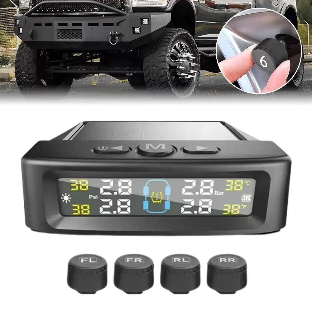 Tire Pressure Monitor Car Safety Alarm System Wireless Color Display with Solar/USB 4 Powered Sensors Digital U6S8