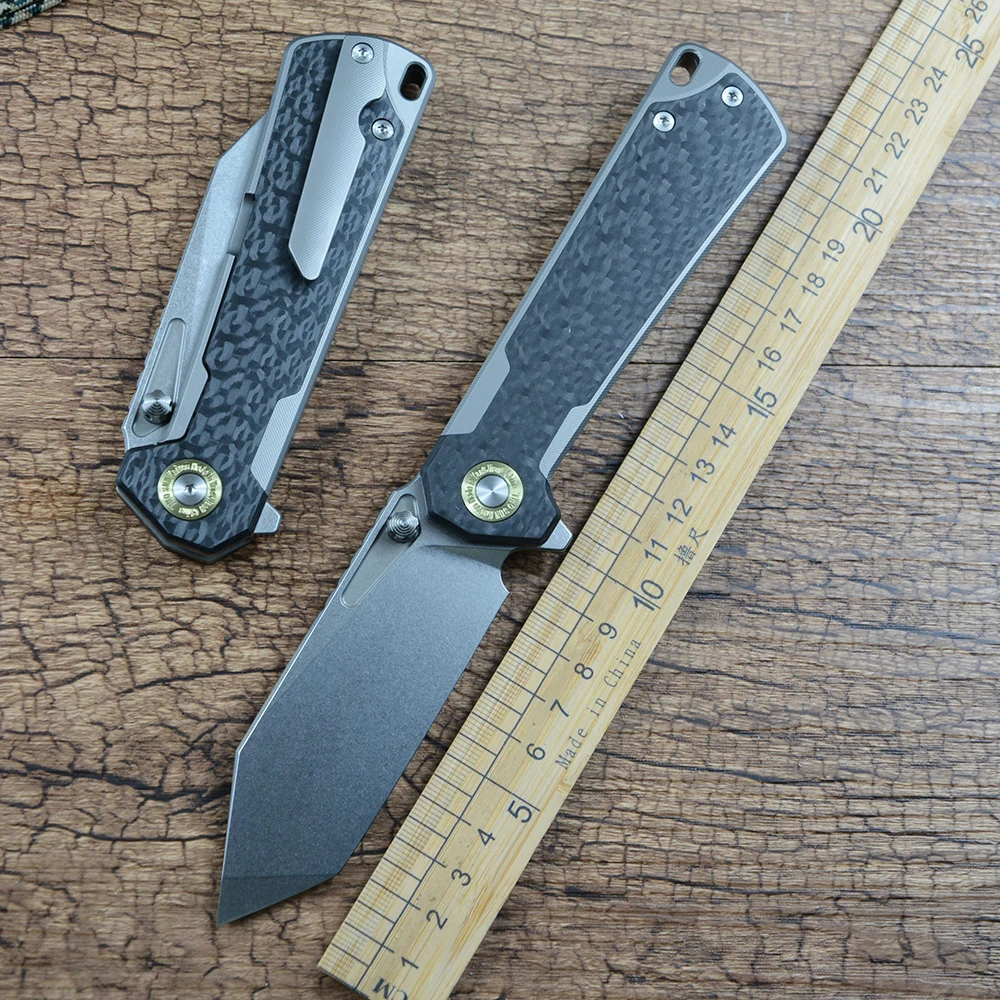 TWOSUN Outdoor Knives K110 Stonewashed Blade TC4 Titanium Carbon Fiber Scales Flipper Fast Open Pocket Knife TS524