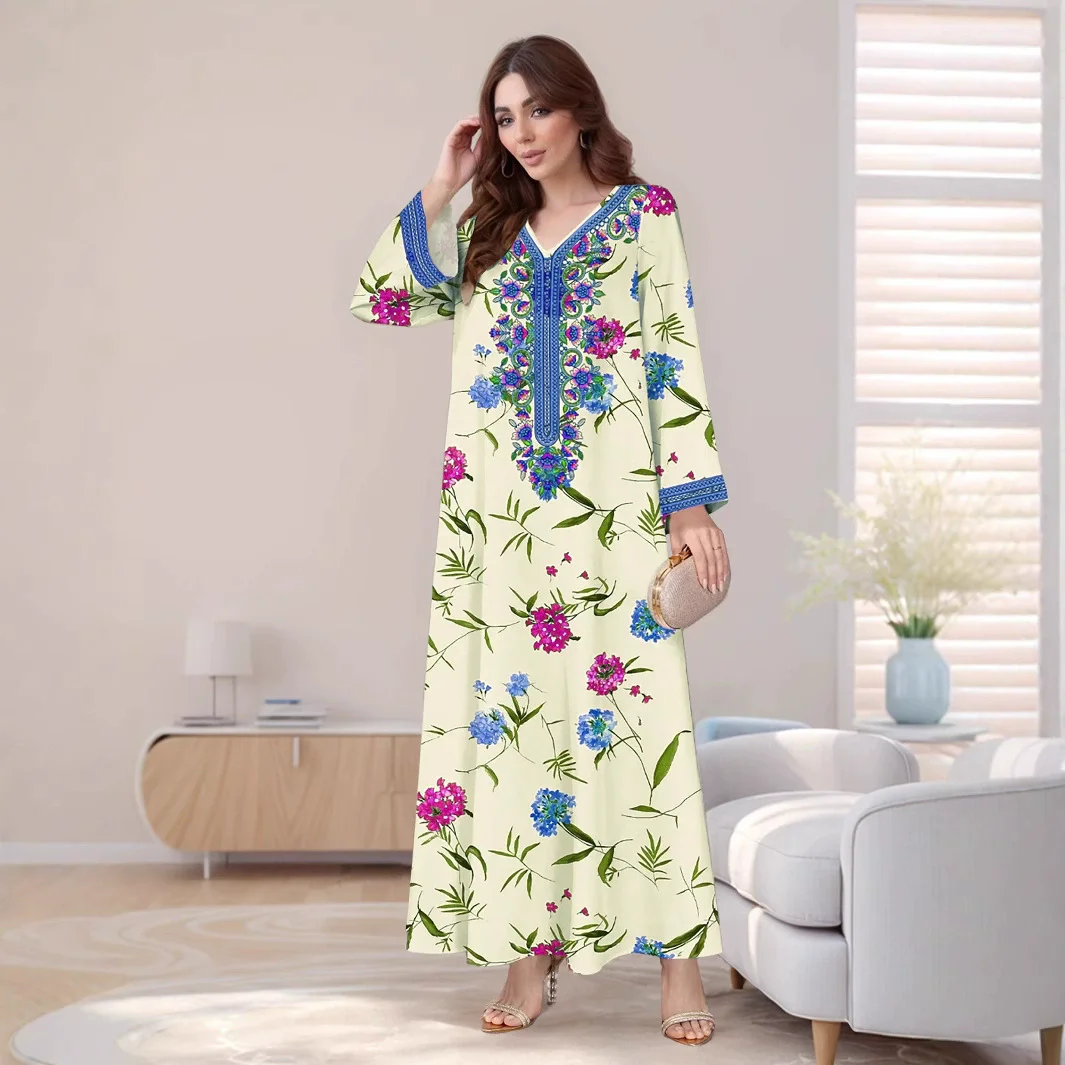 Eid Party Robe musulmane pour femmes Abaya col en V imprimé Floral chaîne taille Maroc robes de soirée caftan arabe longue Robe robes