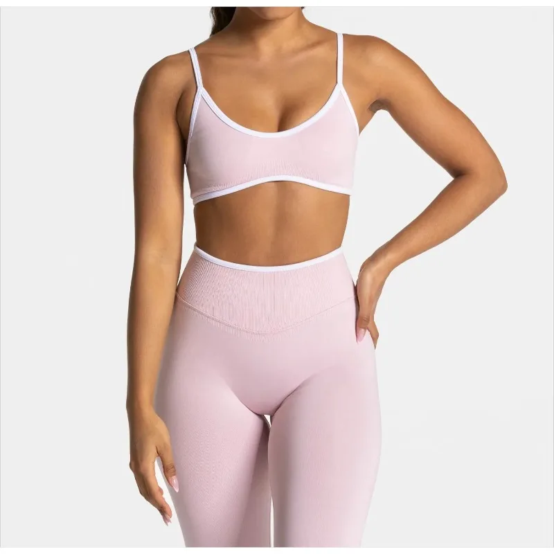 Summer Seamless Yoga Tops Women Solid Color Gym Sports Bra Sexy Backless Knit Bra with Chest Cushion Suspender Breathable Bra