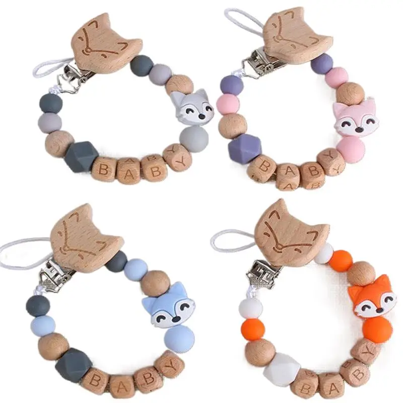 Personalized Name Beech Wood Fox Pacifier Clips Chupetero Holder Chain For Infant Feeding Toddler Chew Toy