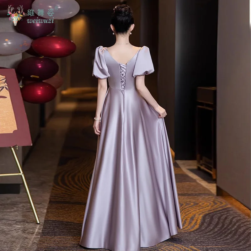 2025 novo roxo suave cetim uma linha colar fora do ombro gola quadrada mangas bolha cintura alta vestido de casamento da dama de honra