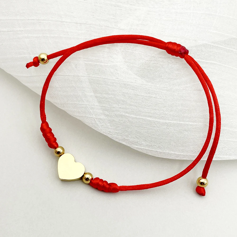 May@RZ Heart Pendant Red Bracelet Romantic Simple Heart Adjustable Red Rope Braided Bracelet Stainless Steel Jewelry