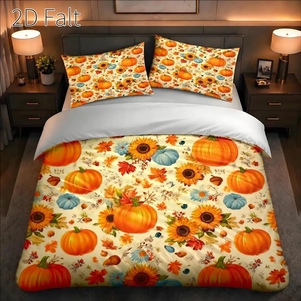 3-Piece Bedding Set with Pillowcases and Duvet Cover, 1 Duvet Cover + 2 Pillowcases (Without Filling) 2D Flat Printing, 3-Piece Duvet Cover Set, Pumpkin Sunflower Autumn Harvest Theme, Watercolor Pastoral Style, Thanksgiving/Halloween Double Holiday Celebration, Suitable for All Seasons, 3 Pieces Bedding Set Quilt Cover