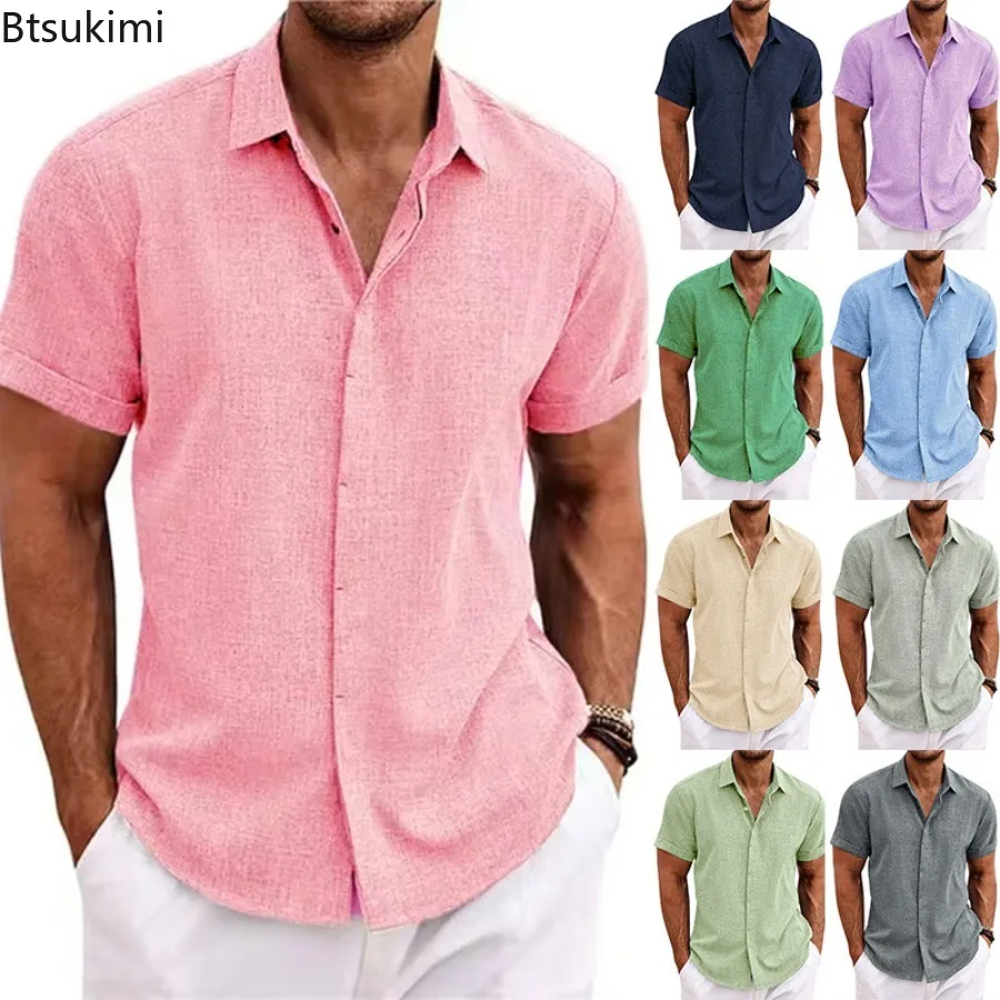 

Summer Hot Sale Men's Casual Cotton Linen Shirts Solid Short Sleeve Beach Style Loose Lapel Button-up Shirts 2025 Men's Clothing
