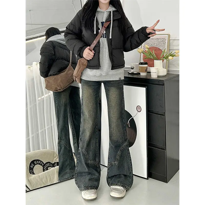 2025 겨울 플리스 안감 레트로 하이라이즈 루즈 플레어 진 여성용 논스틱 레그 빈티지 와이드 레그 편안한 스트레치 데님