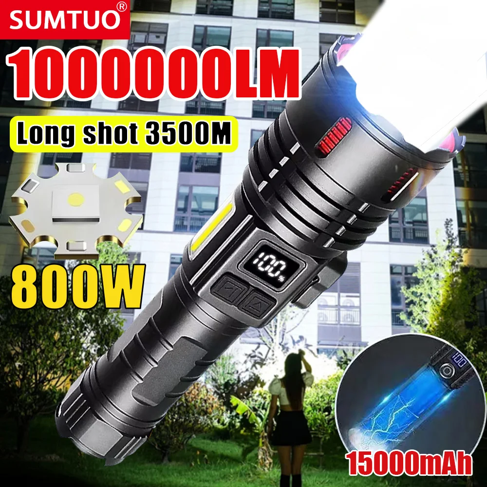 1000000LM Most Powerful Led Flashlight Rechargeable 800W LED Flashlights High Power Zoom Torch Long Range 3500m Tactical Lantren