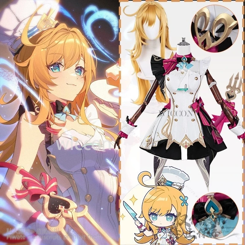 

Anime Game Genshin Impact Cosplay Escoffier Costume Chef's Uniform Hot Pink Cake Dress Cute Kawaii Lolita Wigs Props Customized