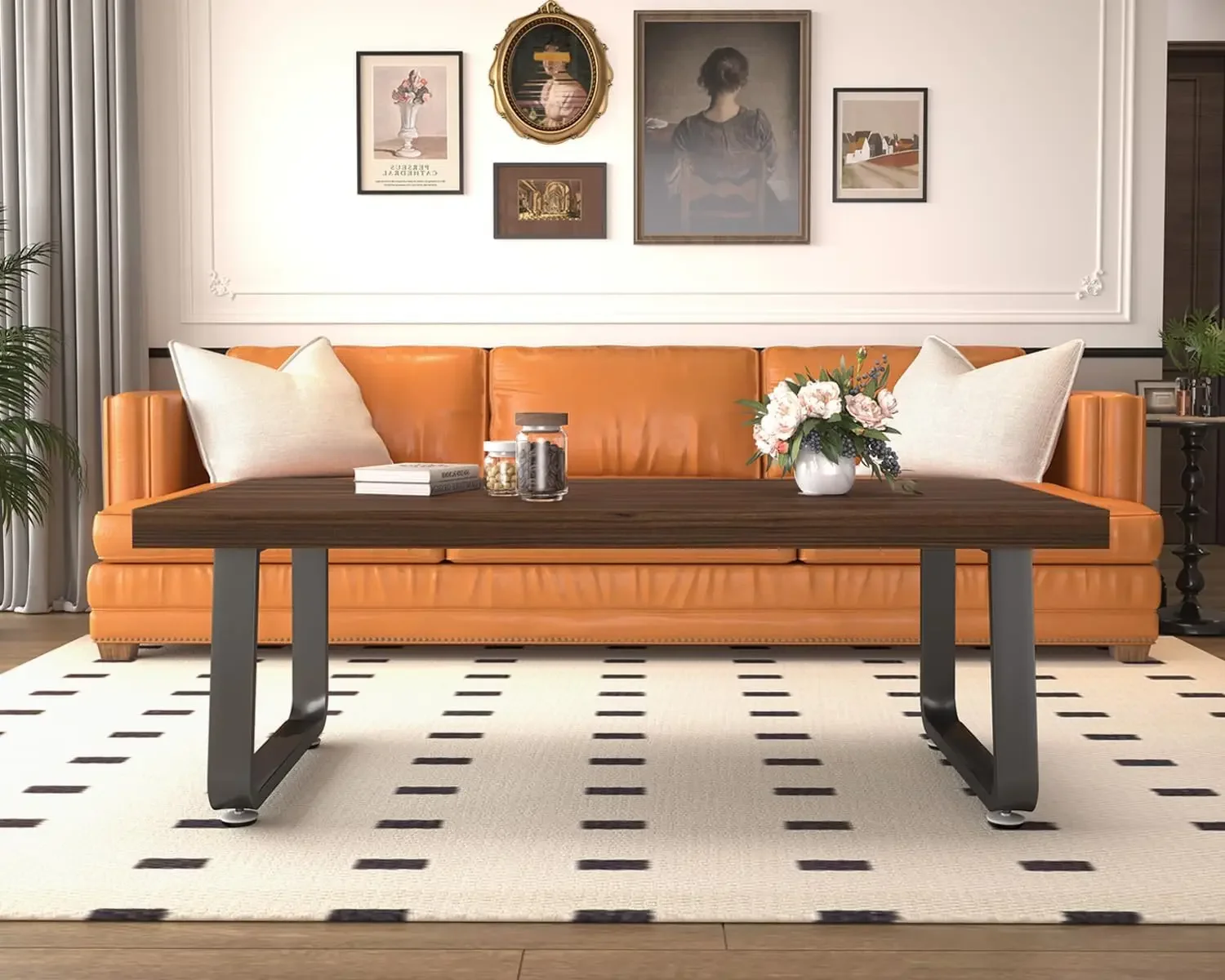 Rustic Walnut Coffee Table, Mid Century Modern Center Table, Rectangle Industrial Living Room Coffee Table, Walnut, 47 in