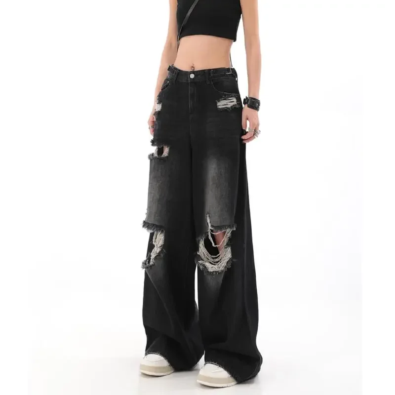 

Retro High Street Ripped Jeans for Women Autumn New Fashion Straight Denim Trousers Baggy Wide-leg Pants Y2k Streetwear Female