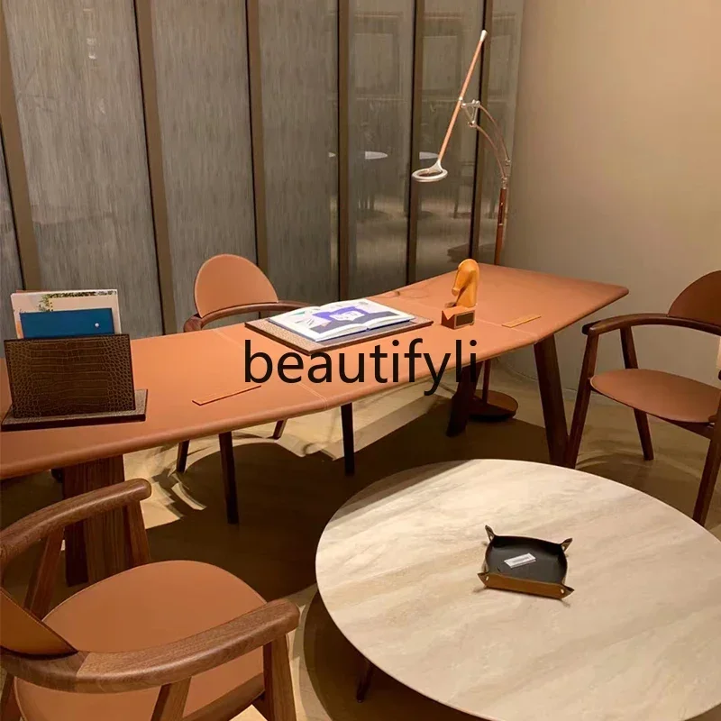 

Black walnut computer desk curved saddle leather Italian solid wood office desk