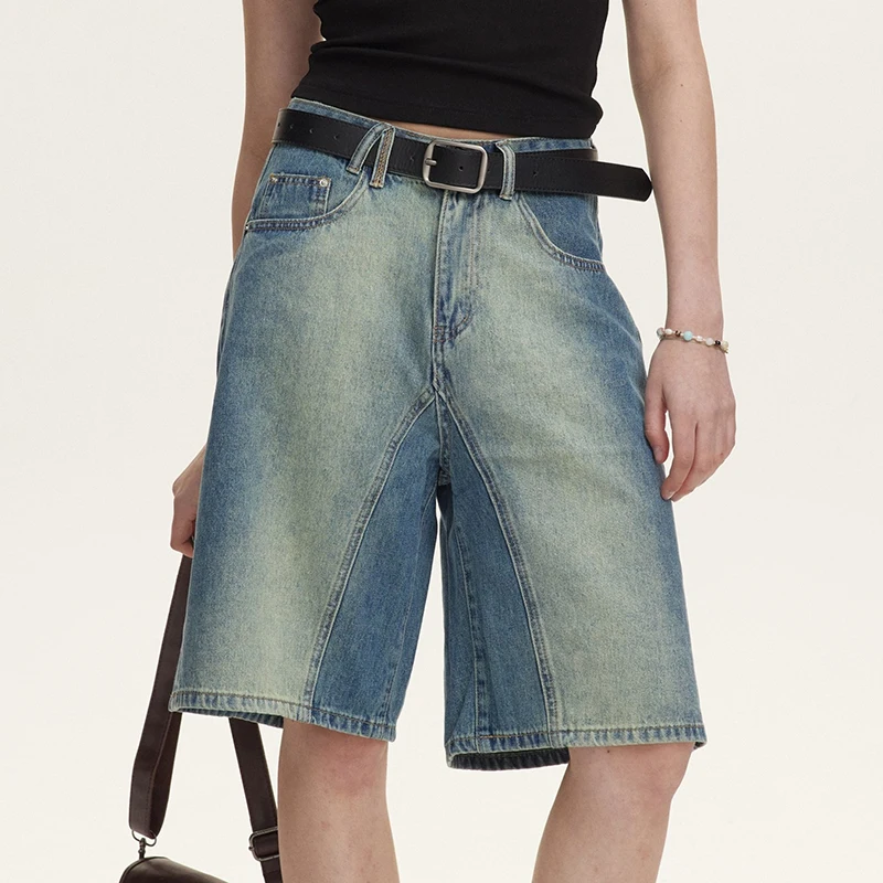 Knee Length Shorts High Waist Wide Leg Straight Jeans Women Summer Bermuda Shorts Fashion Street Harajuku Washed Denim Pants