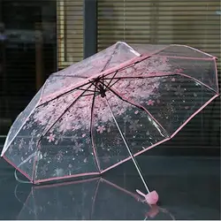 Clear Sakura Umbrellas Korean Simple Folding Umbrella 3 Fold Transparent Cherry Blossom Rain Umbrellas For Adults Girls Women