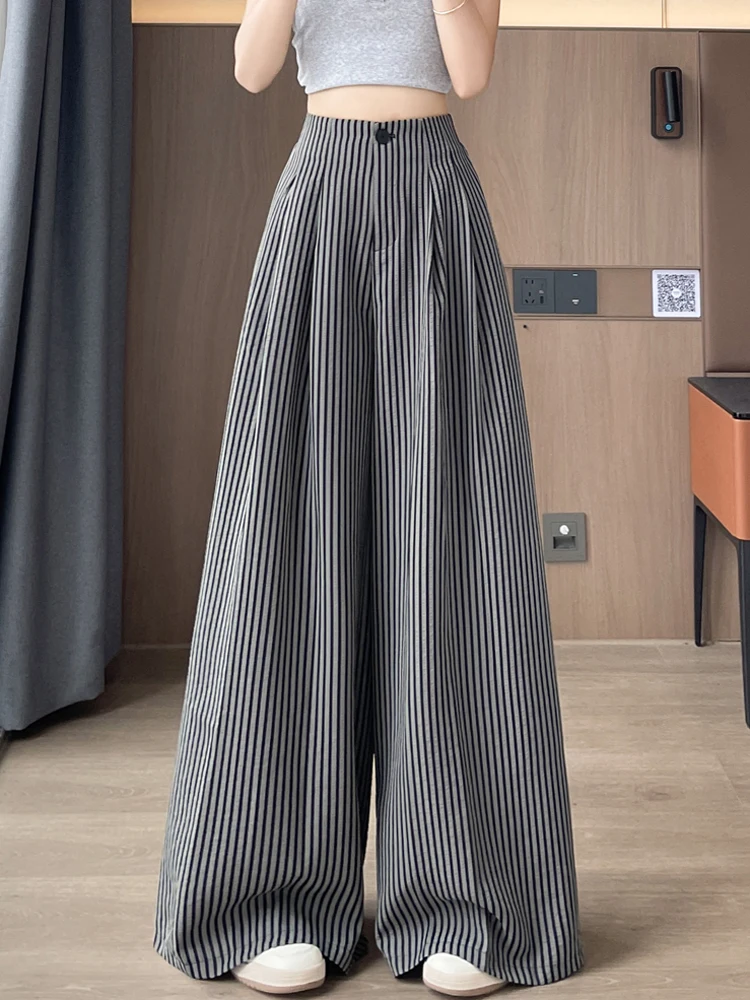 High Waist Striped Wide Leg Pants Women Summer Thin Cotton Linen Casual Straight Cut Floor Length Suit Pants Korean Sle - Image 4