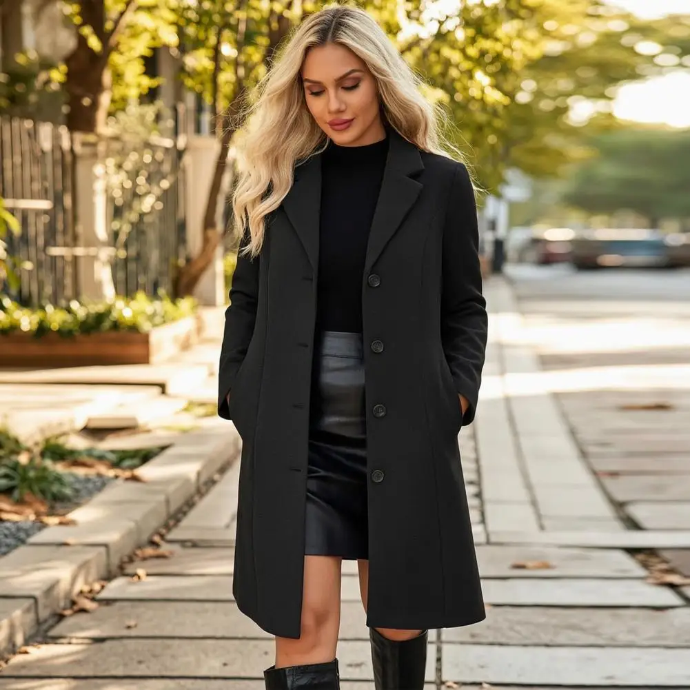 Notch Lapel Collar Long Coat for Women Long Sleeves Single Breasted Blazer Jacket Ladies Outfits for Fall Winter