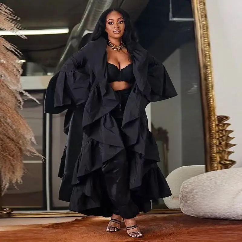 

Women Solid Ruffles Long Cardigan Turn Down Collar Flare Full Sleeve Open Stitch Trench Coats Casual Streetwear Maxi Jackets