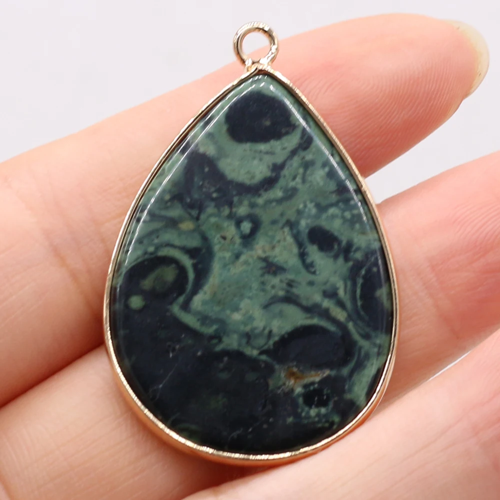 Natural Stone Green Tiger Eye WaterDrop Gilt Edge Pendant CraftDIY Necklace Earring Jewelry Accessories Gift Making Party26x40mm