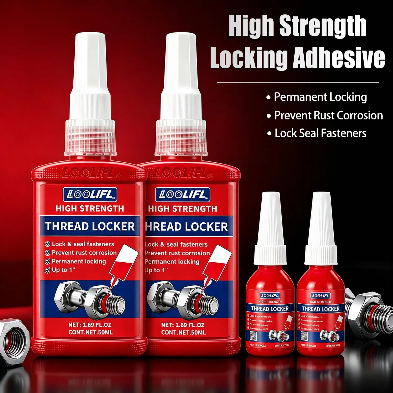 Red 271 Permanent Threadlocker, Metal Adhesive, Suitable for High-Strength Nuts, Bolts, and Fasteners to Prevent Loosening and Corrosion, 10/50 Milliliters