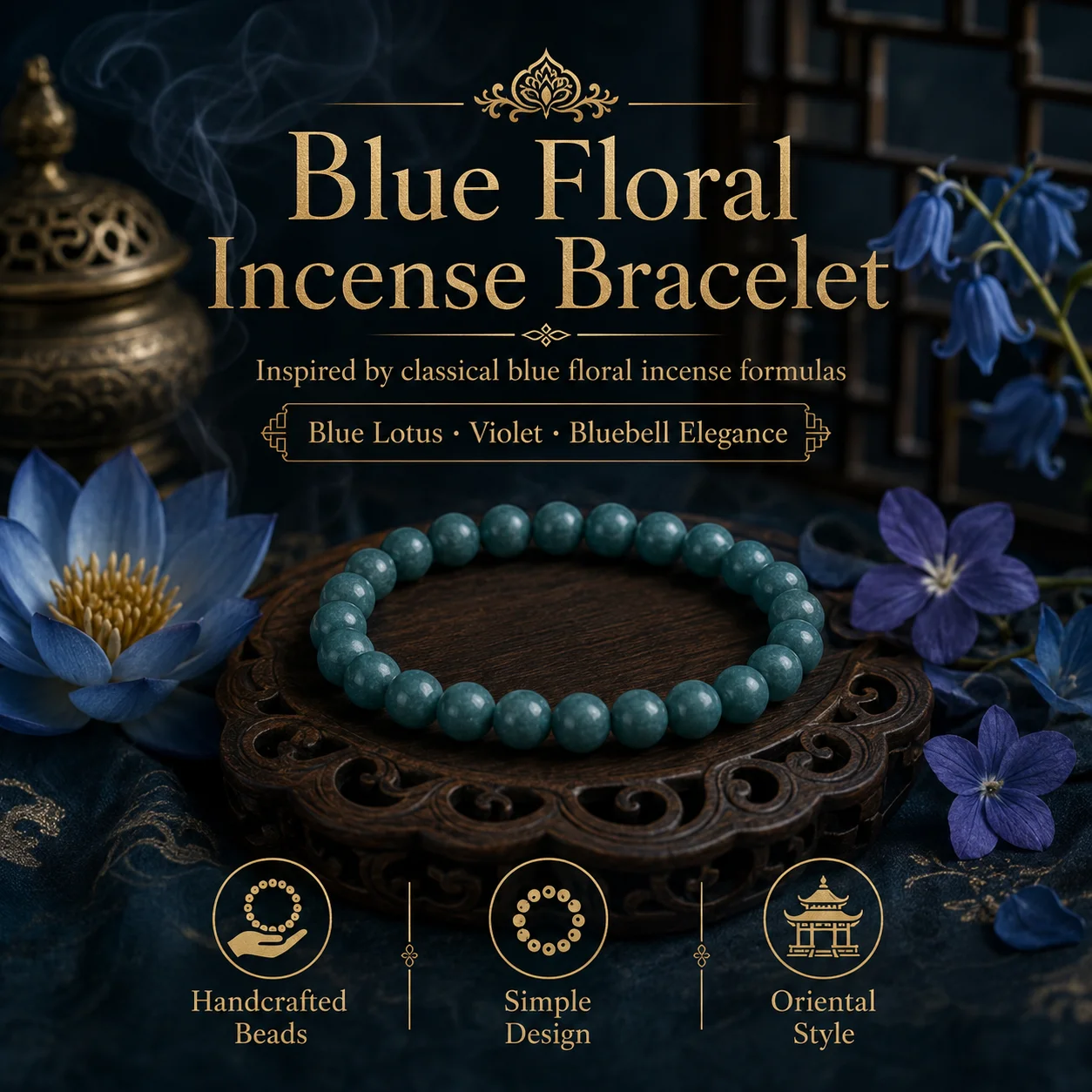 Blue Lotus Floral Incense Bracelet Traditional Chinese Ancient Formula Cool Fresh Aromatherapy Bracelet Calming Mood Soothing Un