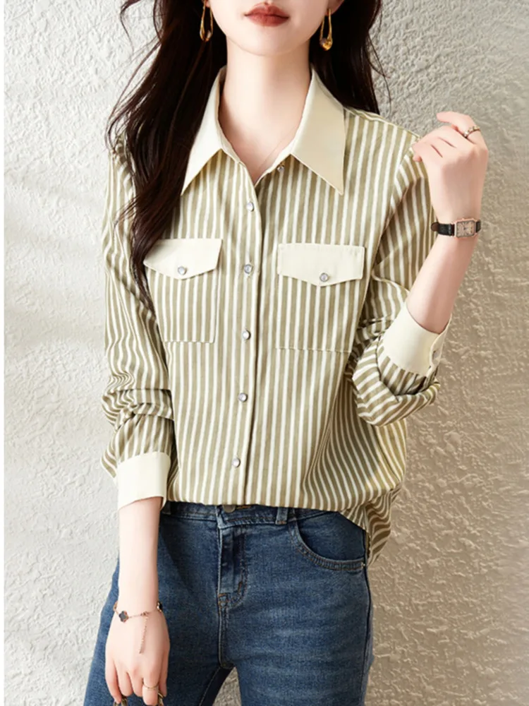 #3215 Vertrical Striped Shirt Women Long Sleeve Regular Fit Womens Tops And Blouses Single Breasted Shirt Pockets Spring Autumn