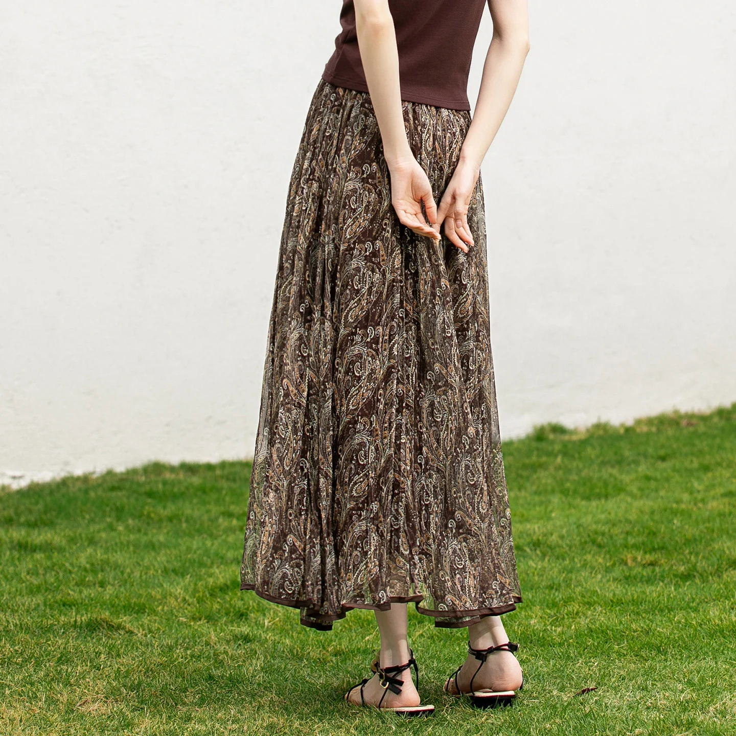 SENTUBILA Retro Long Skirt for Women 2026 High Waist Paisley Print Mesh A Line Skirt Vacation Casual Spring Clothing W61QL4968