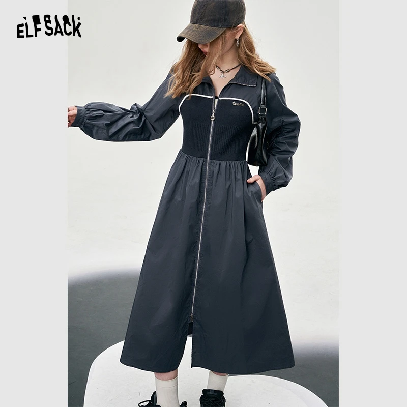 ELFSACK American style street style contrast long sleeve dress workwear style for women 2024 spring lapel zipper mid long length