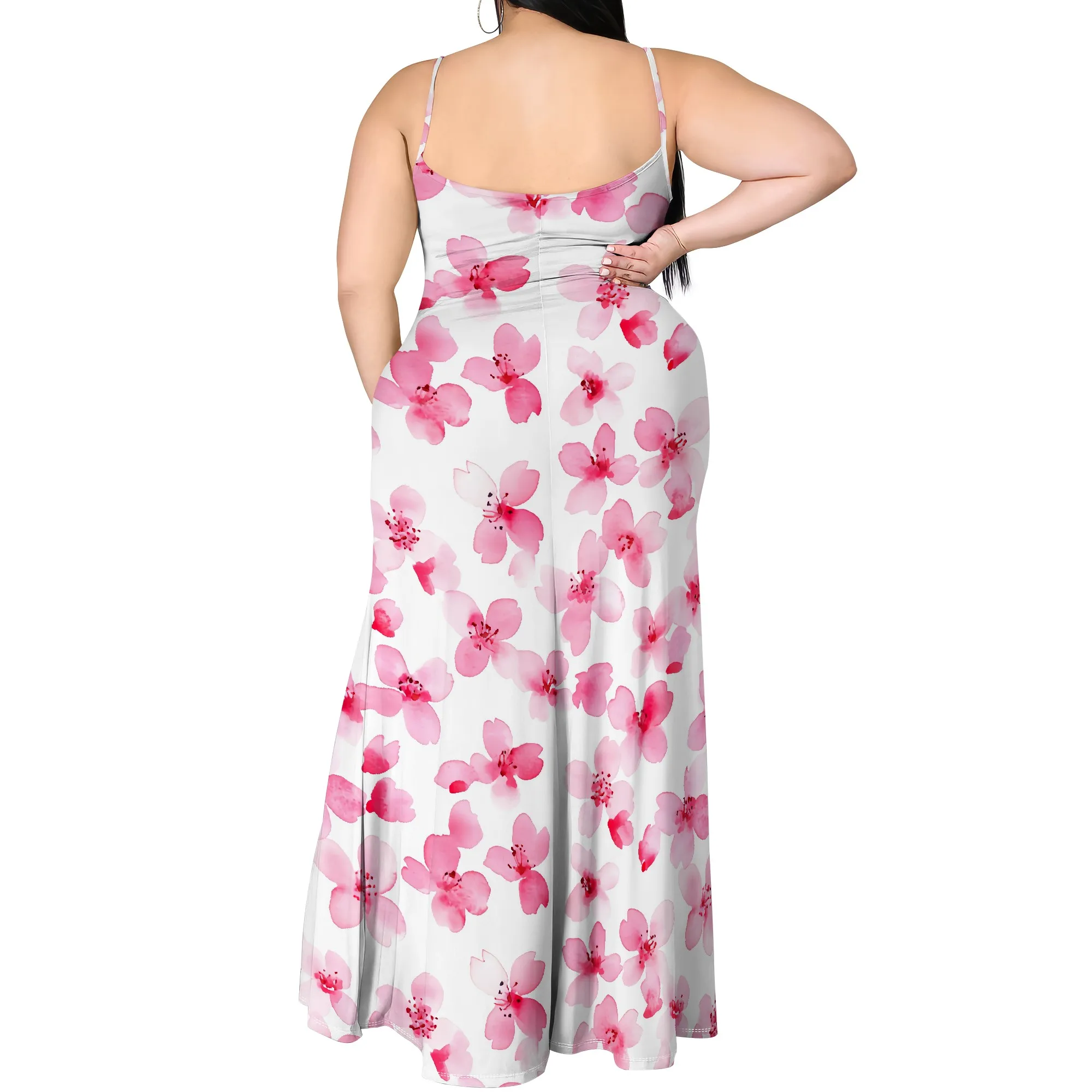 Womens Plus Size Maxi Dresses Summer Casual Romantic Watecolor Floral Pattern Long Dress Sleeveless Spaghetti Strap Beach Dress