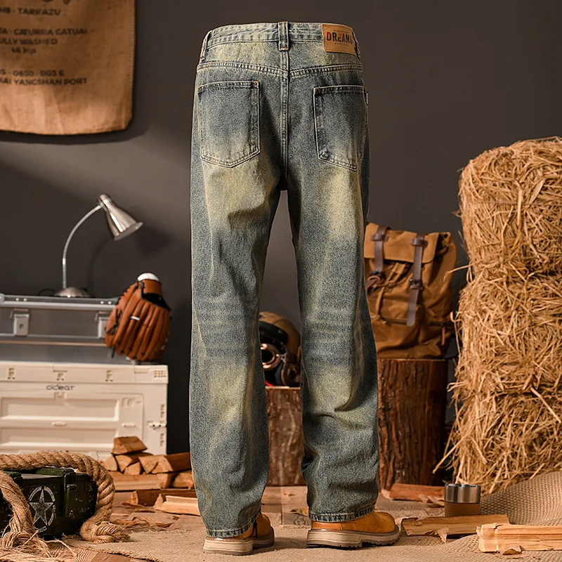 Retro vintage loose straight leg jeans for men's street fashion trend Korean version high-end wide leg pants